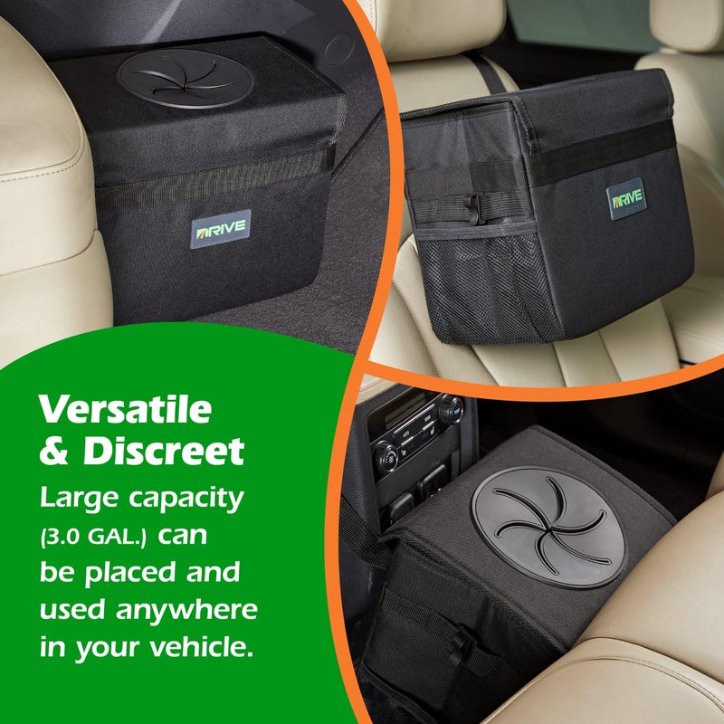 Drive Auto Products درايف - سلة مهملات السيارة - قابلة للطي، صندوق قمامة مانع للتسرب مع 20 كيس قمامة وحزام قابل للتعديل - ملحقات السيارة والشاحنة للرجال والنساء - أسود، كبير - Image 3